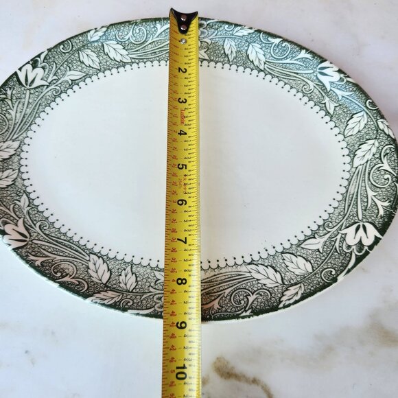 Oval Ceramic Serving Platter with Green & White Floral Pattern 12" X 9" - Picture 4 of 5
